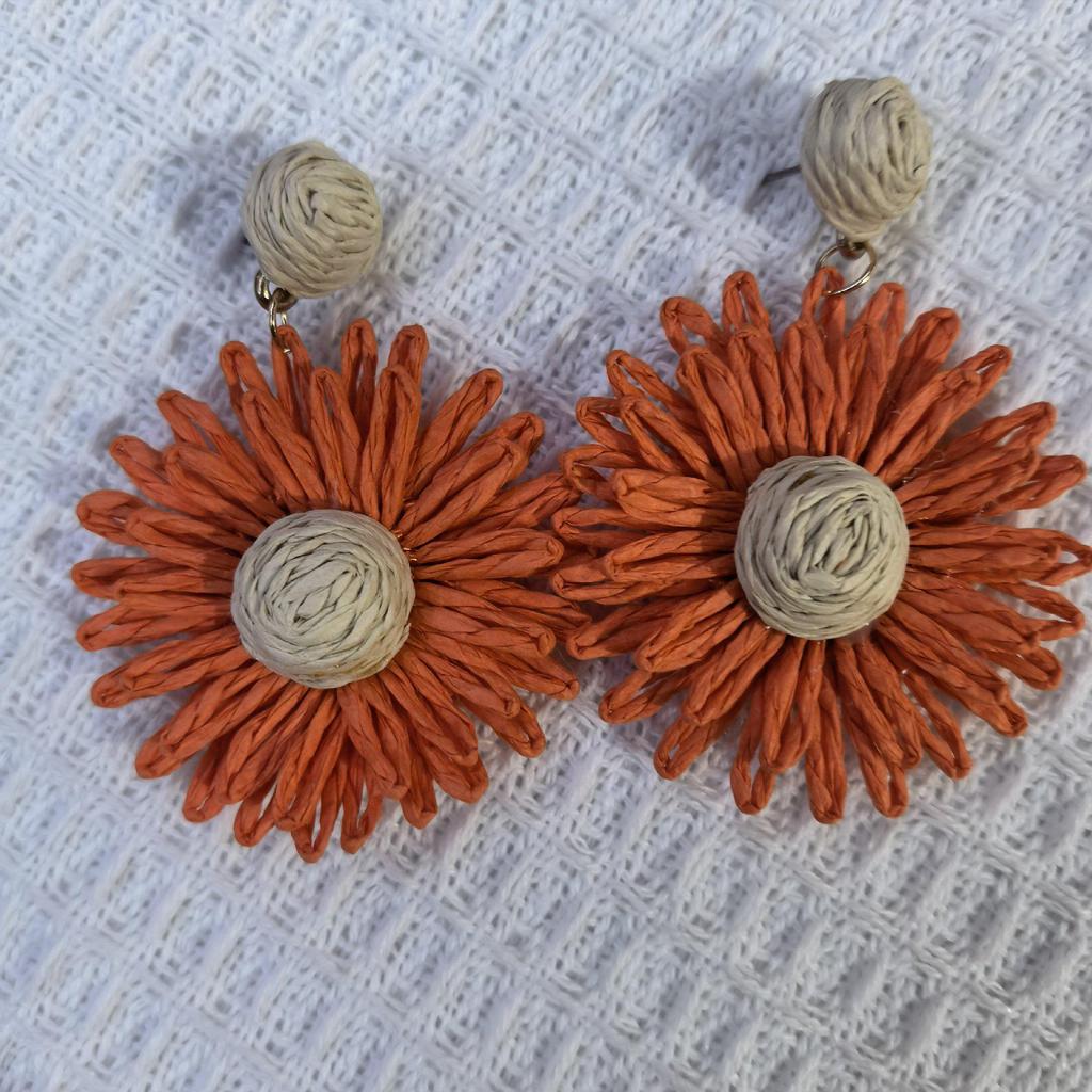 Handmade Raffia Flower Earrings with Steel Posts - Niche European & American Fashion Accessory