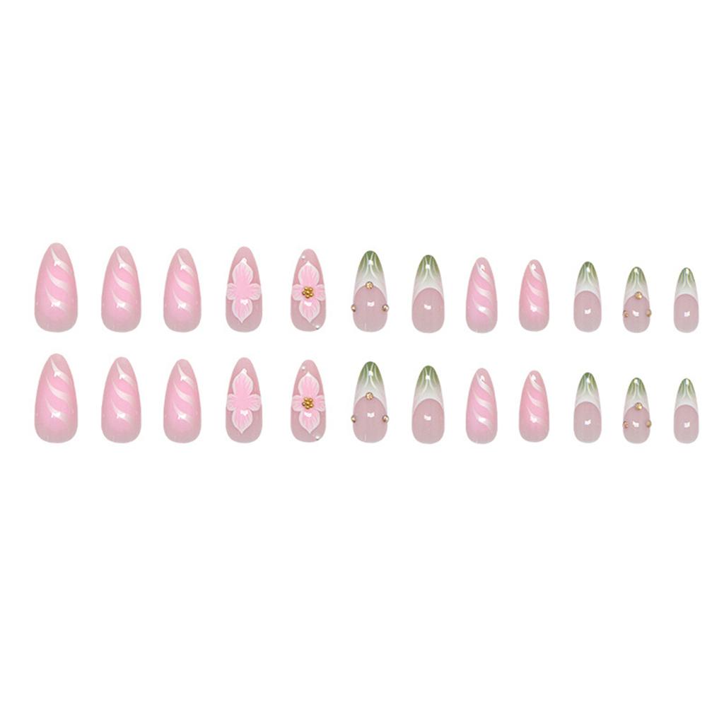 Moderiktiga pressnaglar, mandelfärgade självhäftande naglar med franska 3D-blommönster, nageltillbehör, konstnaglar, kontorskläder