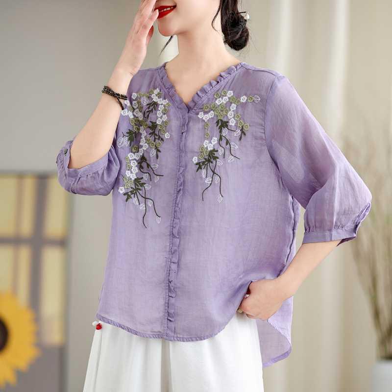 

Ретро вышитая льняно-хлопковая рубашка с кружевным воротником для женщин 2XL фиолетовый