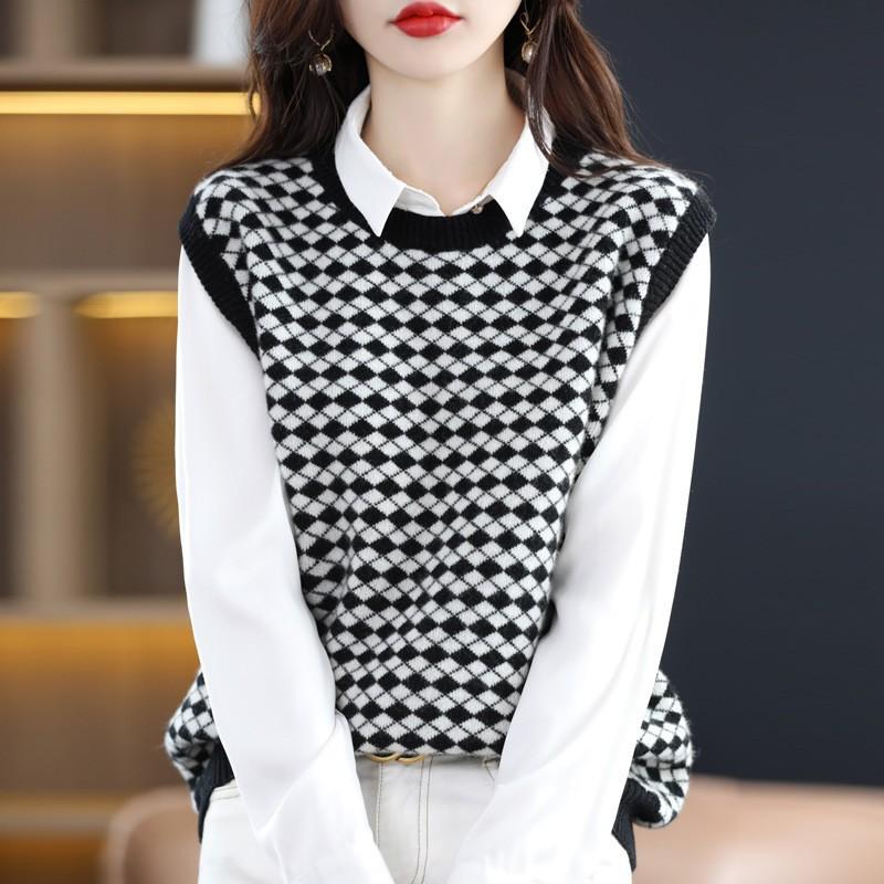 Round Neck Sweater Women's Color Blocked Camisole Layered Knit Vest Autumn Checkered Fashion Knitted Vests