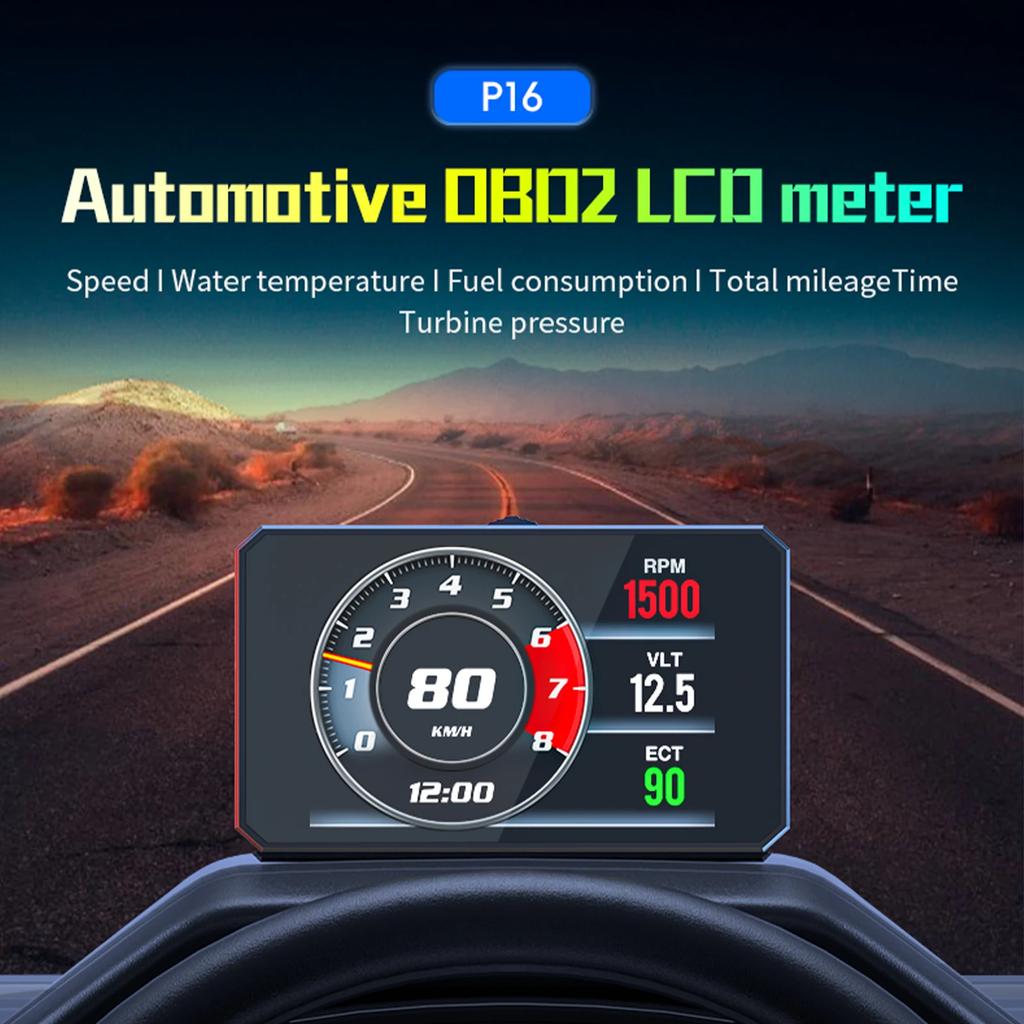 P16 Automotive OBD2 LCD Meter HUD Car Digital Head Up Display TFT Screen Car Accessories With RPM Voltage Water Temp KMH Speed