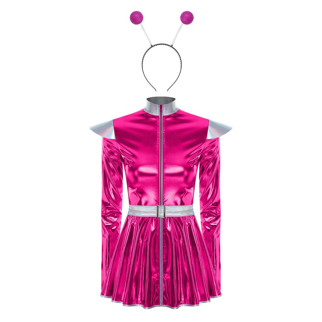 Womens Space Alien Costume Long Sleeve A Line Dress Metallic Shiny Front Zipper Design Astronaut Cosplay