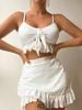 European and American Women's Fashion Solid Bikini Set 3 Pieces Swimwear Set Padded Ruffled Knot Top Briefs Ruffled Skirt Swimsuit Modest Bathing Suit