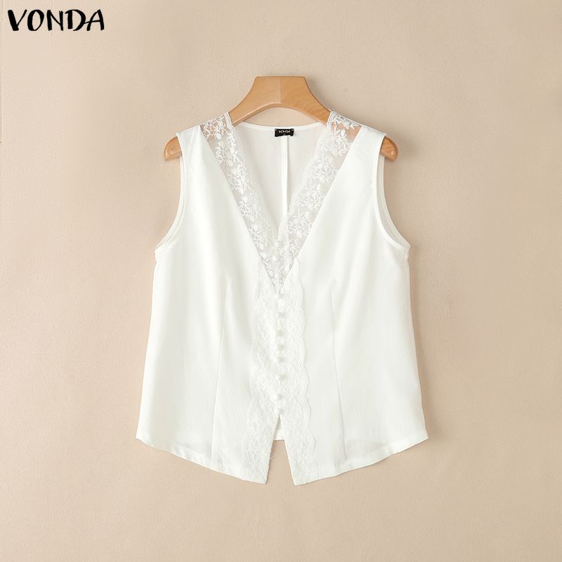 

VONDA Women Summer Casual V-Neck Sleeveless Lace Hem Crochet Tank Tops 5XL білий