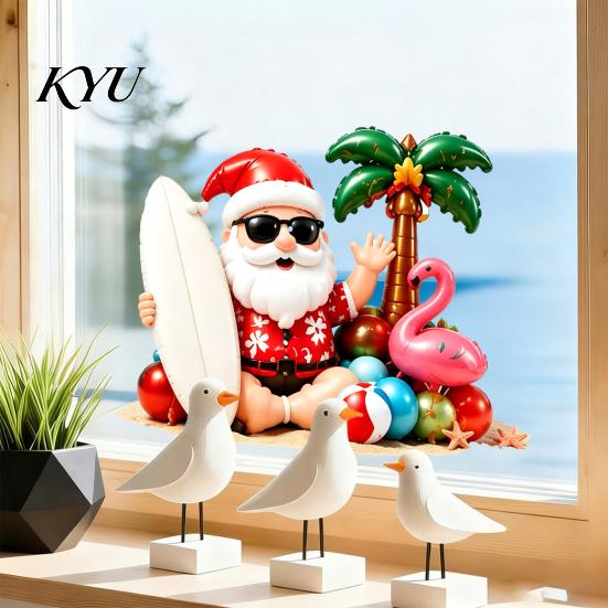 Creative Party Window Decor Tropical Christmas Static Stickers, Santa Claus Flamingo Palm Tree Surfing Board Customizable Cut to Size Decals