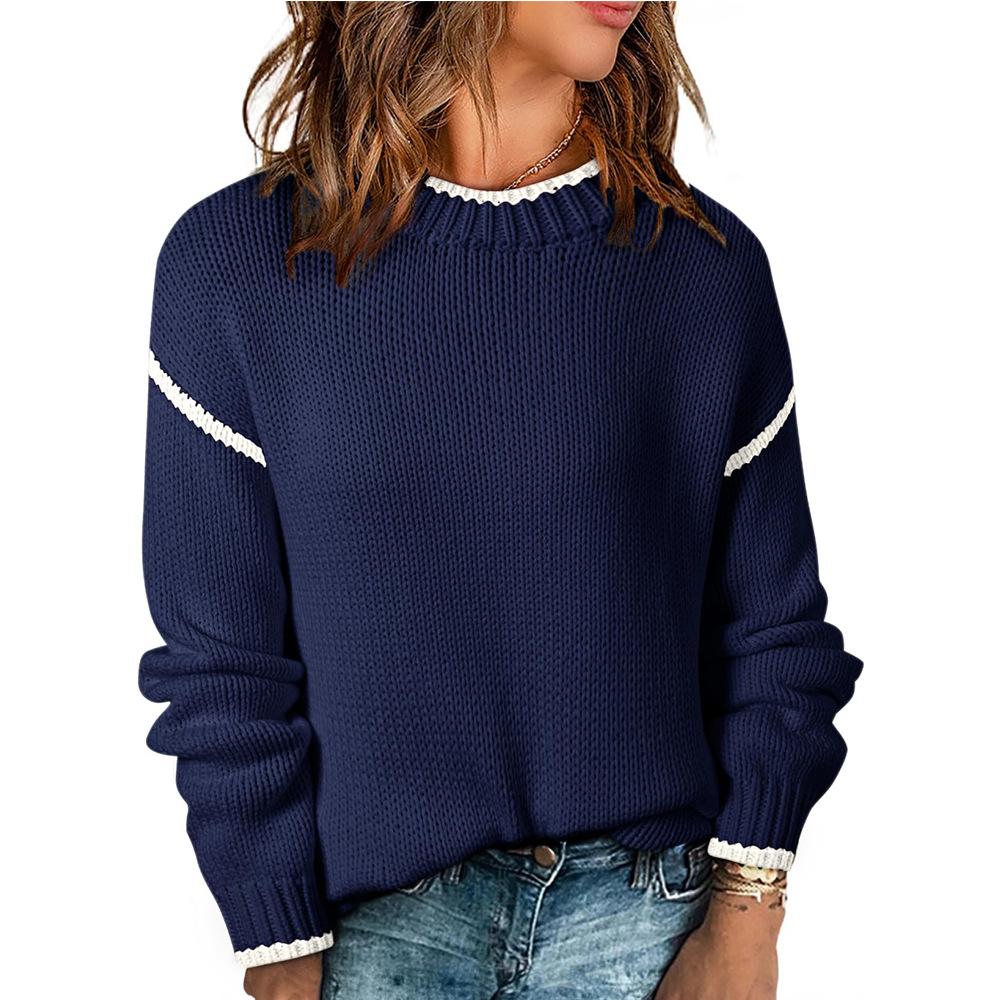 Casual Pullover Long Sleeved Loose Contrasting Solid Color Women's Sweaters