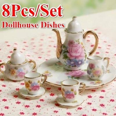 8 Stück 1/6 Puppenhaus Miniatur Essgeschirr Porzellan Teller/Tasse/Schale Teegeschirr Mini Garten Haus Dekoration Zubehör