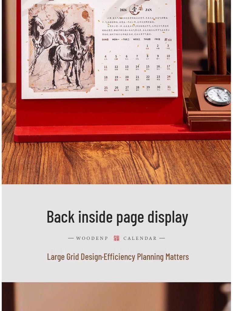 High-End Uhr & Holz-Tischkalender Geschenkbox - Anpassbare Firmengeschenke mit Werbelogo - Ausgabe Jahr des Pferdes