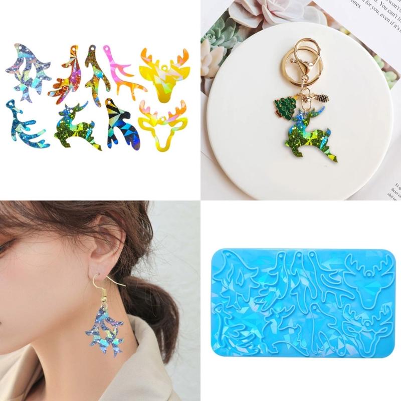 Silicone Mold for Christmas Elk Deer Earring Mold Holographic Elk Deer Antler Epoxy Mold Christmas Keychain Pendant Mold