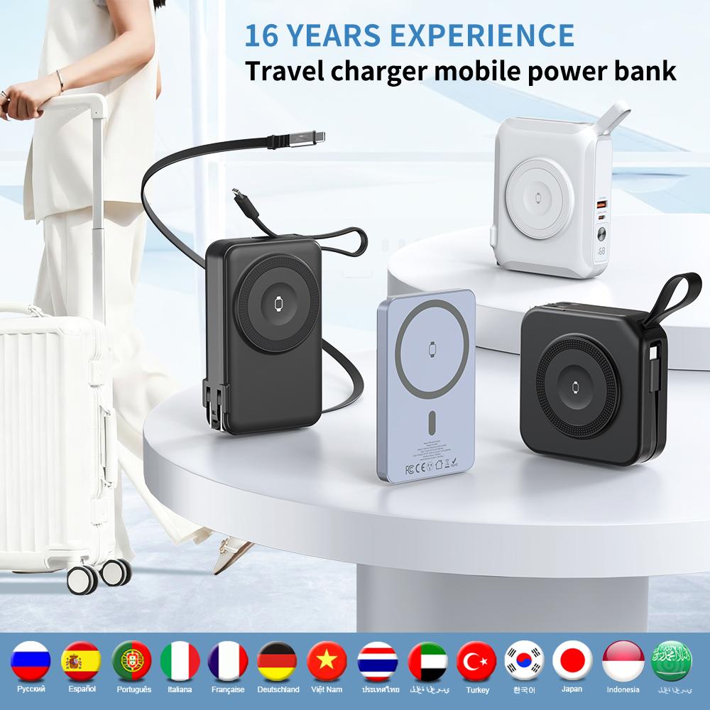 Multifunctional Travel Charger Power Bank 10000mAh Magnetic Wireless Charging Portable Stand Display Built in Cable PD Fast