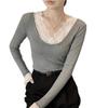 Women's Lace Splicing U-neck Slim-fit Ribbed Long Sleeve Base Layer Top for Autumn/Winter