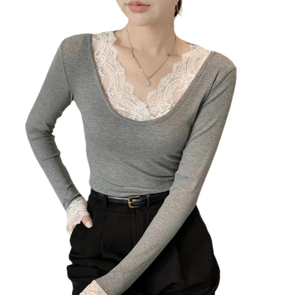 Women's Lace Splicing U-neck Slim-fit Ribbed Long Sleeve Base Layer Top for Autumn/Winter