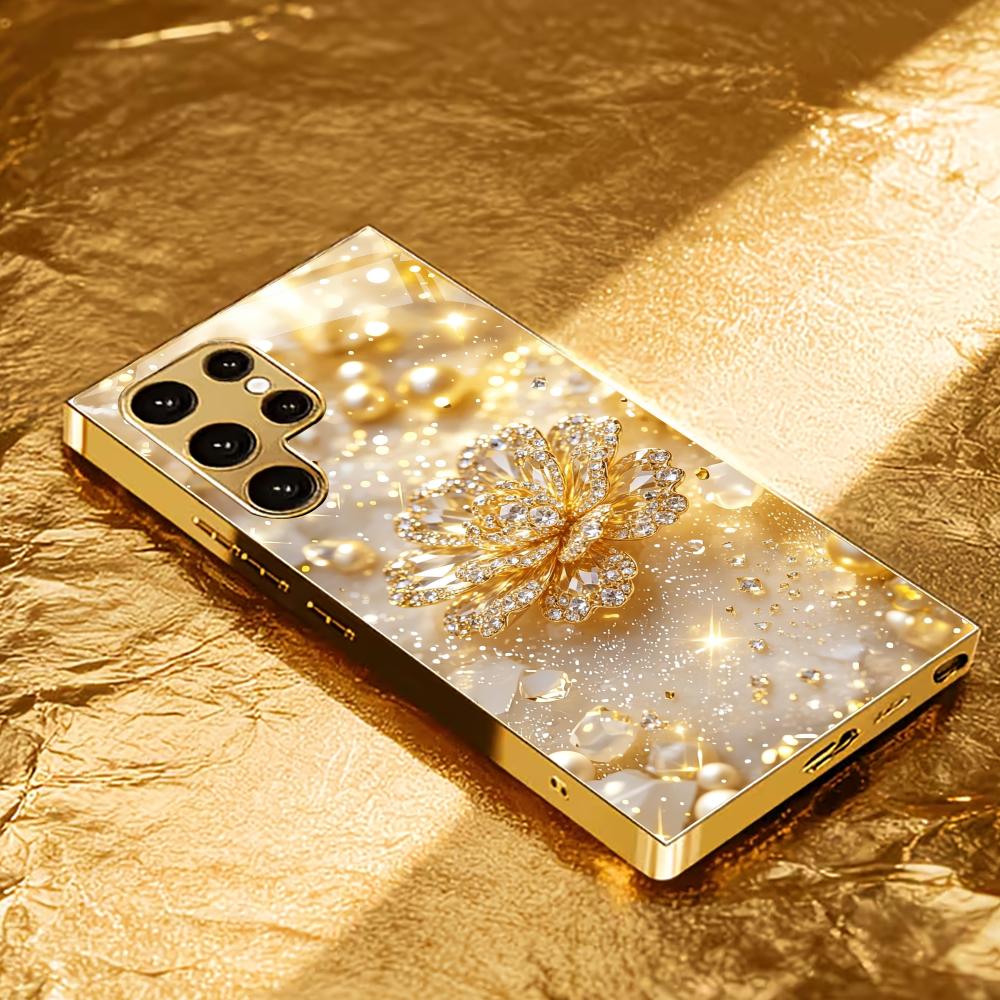 Elegant Golden Flower Sparkle phone case glass s26 ultra case s25 ultra case for Samsung Galaxy S26 S25 S24 S23 S22FE Ultra Plus