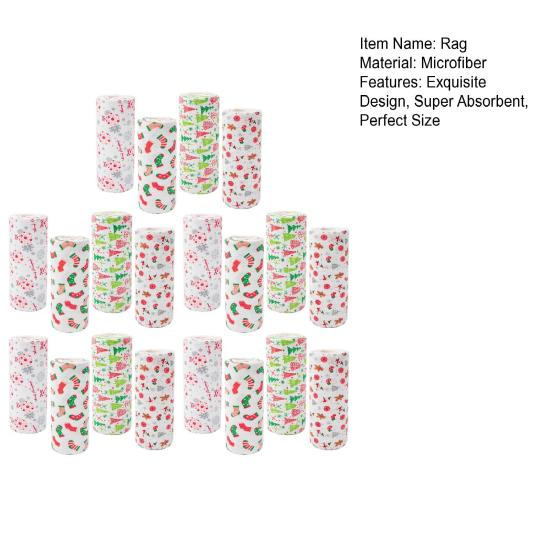 20Pcs Christmas Microfiber Cleaning Cloth Christmas Themed Print Tear-Away Reusable Paper Towel Super Absorbent Cleaning Sheets