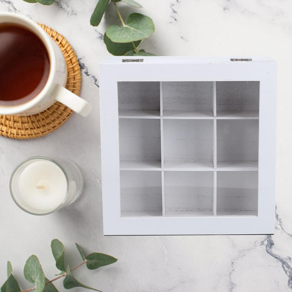 Holz-Tee-Aufbewahrung mit durchsichtigem Acryl-Oberfenster 9 Fächer Umweltfreundlicher Teebeutelhalter Multifunktionale Aufbewahrungsbox