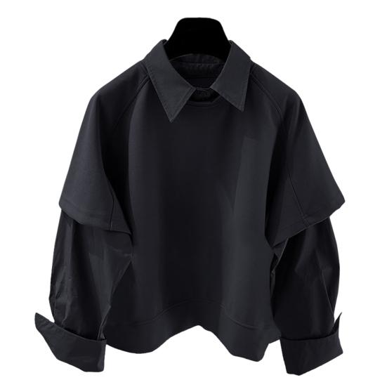 Men Shirt Lapel Long Sleeve Solid Color Splicing Fake Two-Piece Design Pullover Tops Loose Fit Casual Shirt Work Wear