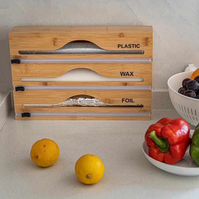 Bamboo Wrap Dispenser Storage For Aluminum Foil With Cutter Cling Film Cutter Holder Kitchen Accessories Organizer Storage Shelf