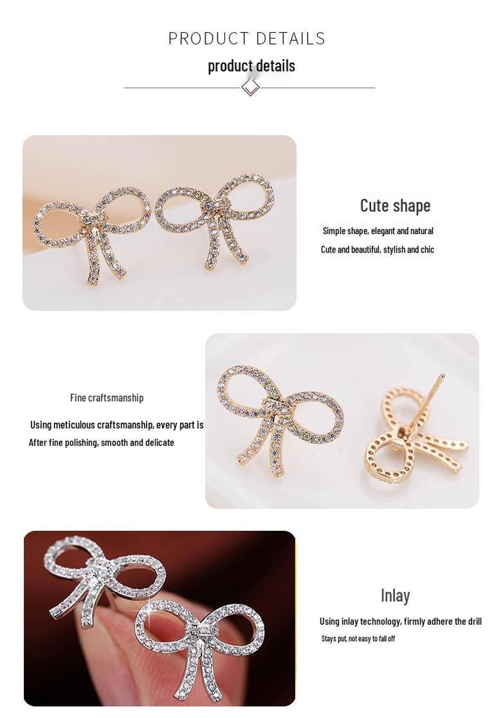Elegant Bow Micro-inlaid Diamond Stud Earrings - Pure Copper, Creative Fashion Style