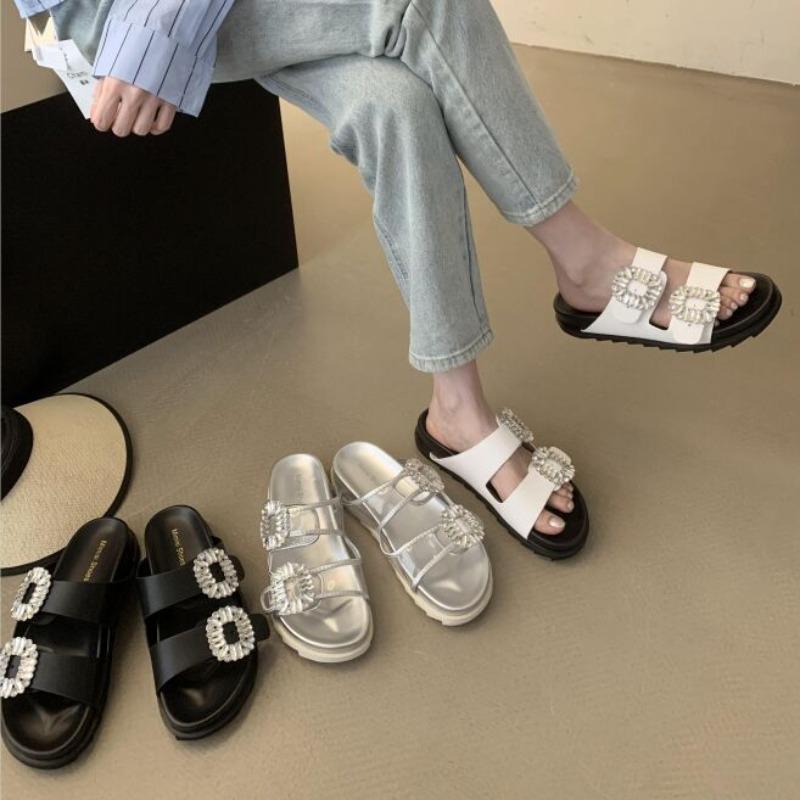 2025 Brand Rhinestone Shoes Ladies High Heels Platform Sandals Double Buckle Band Slippers Woman Muffins Crystal FlipFlops Mujer