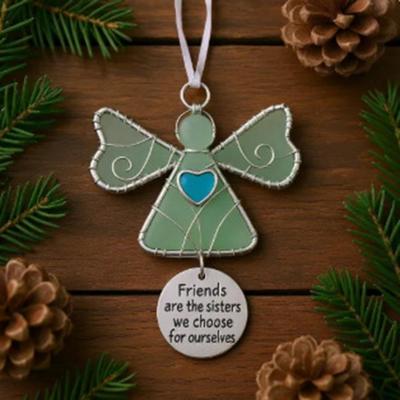 Christmas Pendant Angel Ornament With Glass Mosaic Heart Engraved Friendship Verse Hanging Decoration Home Ornament Pendant