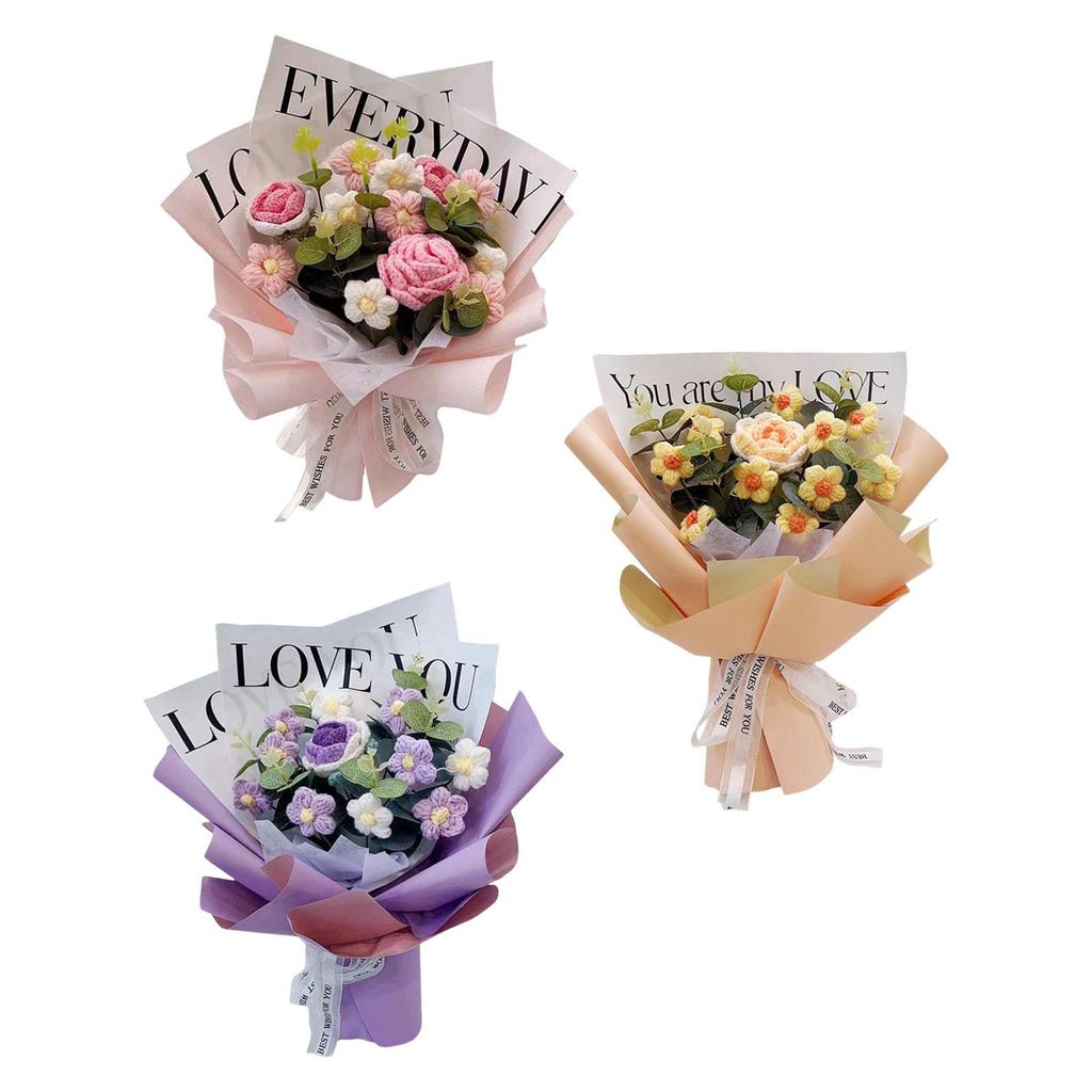Artificial Crochet Flower Bouquet Plastic Material Fresh Knitted Arrangement Desktop Ornament for Modern Home Decor
