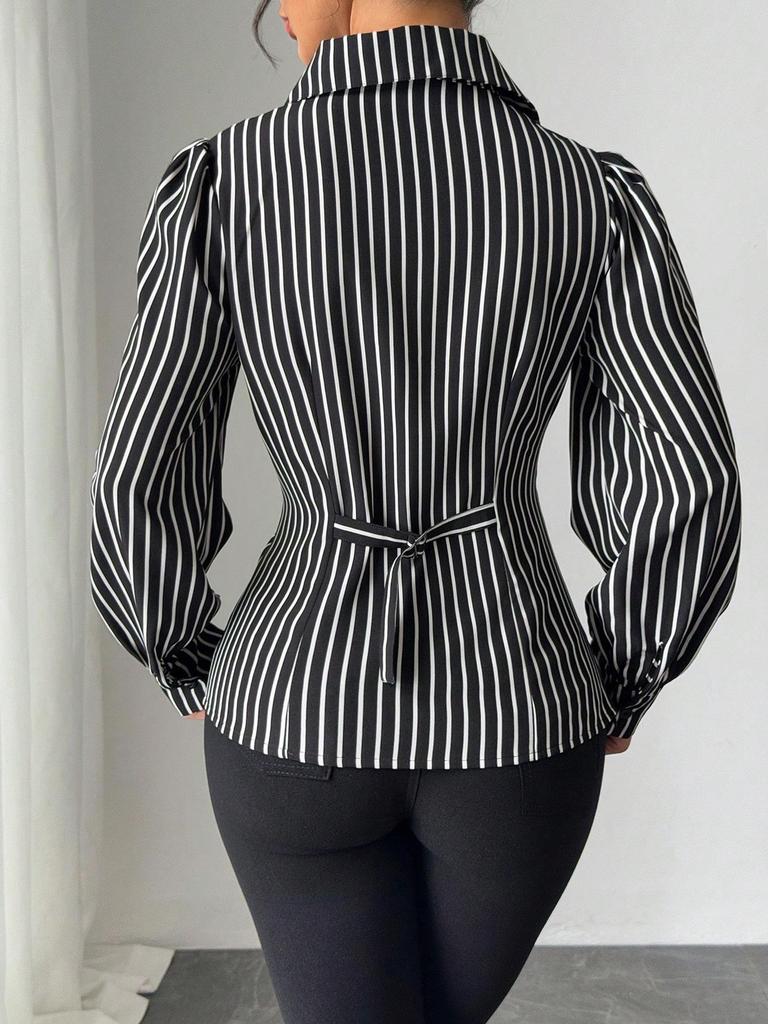 Women's Striped Slit Tie-Waist Long-Sleeve Shirt