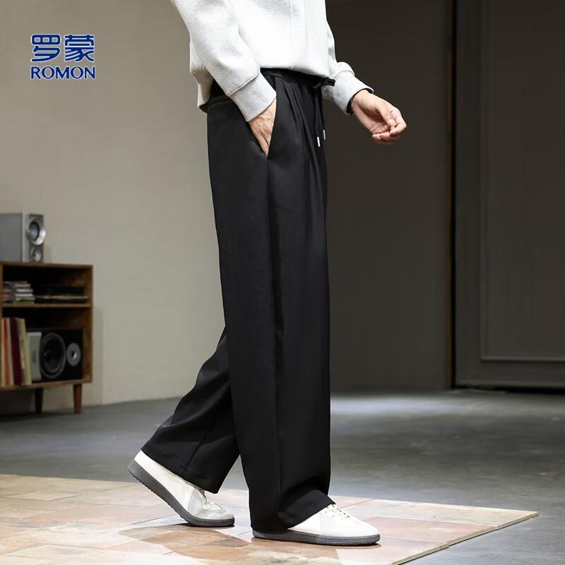 Romens Men's Loose Double Pleated Wide-Leg Casual Pants