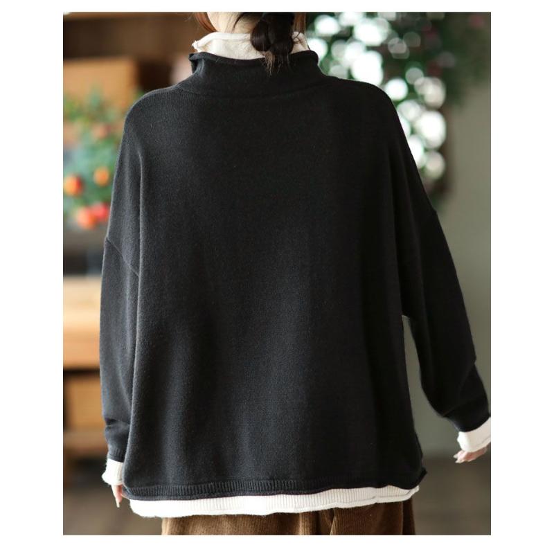 Autumn and Winter New Cotton Knitted Contrasting Fake Two-piece Tops for Women Loose Turtleneck Sweater with Bottoming Shirt
