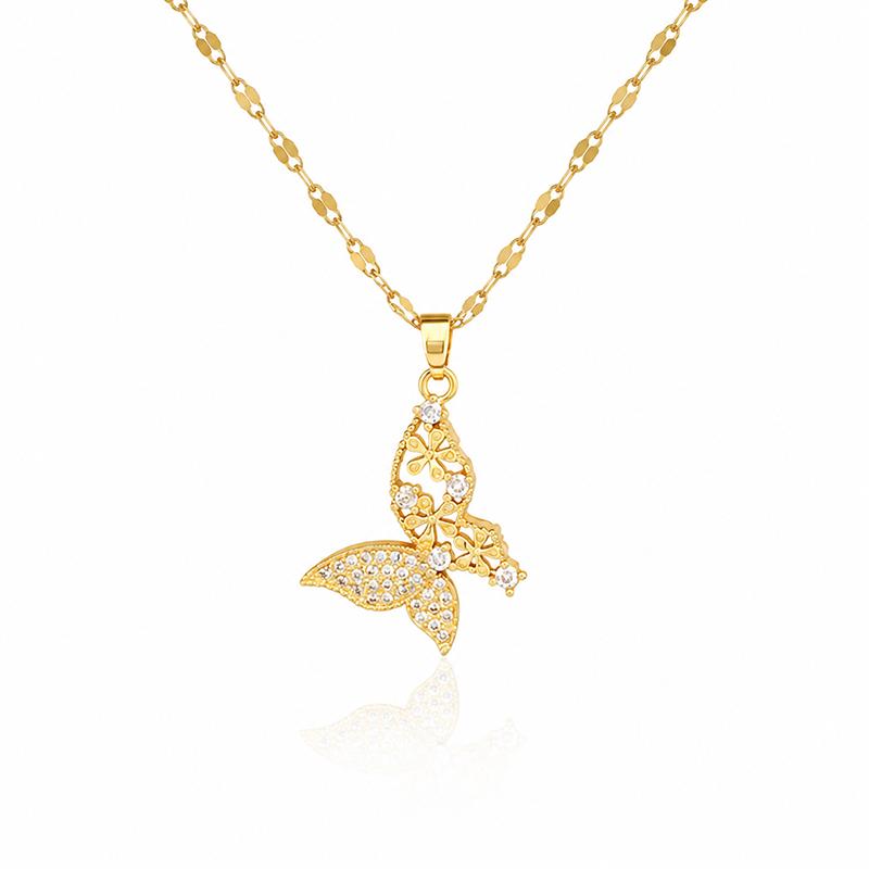 Gold Plated Butterfly Pendant Necklace for Women Cubic Zirconia Hollow Flower Chain Pendant Jewelry Gift Dainty Gold Necklace for Daily Wear J0173