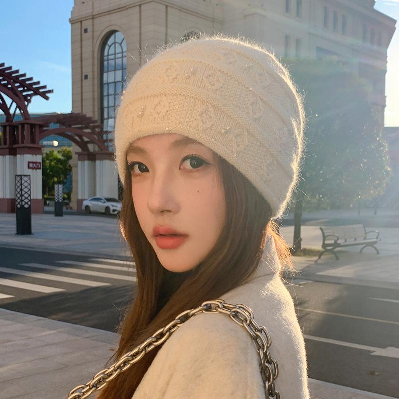 Hat Women s Autumn and Winter New Knitted Hat Nailed Pearl Rabbit Hair Hat Cold-proof and Warm Pullover Hat Fashion Sequins Stacking Hat One size