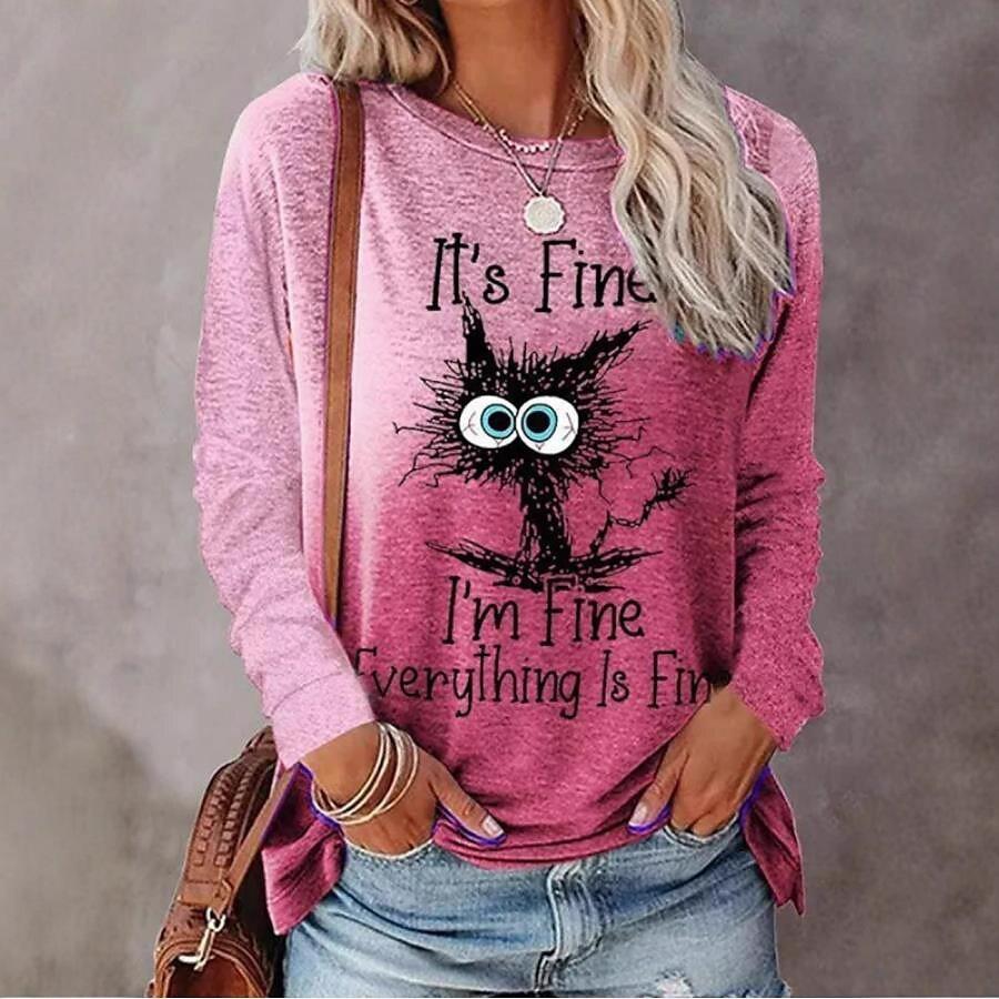 Spring and Autumn Round Neck 3D Cat Printed Top Fashionable Casual Long Sleeved Women's T-shirts