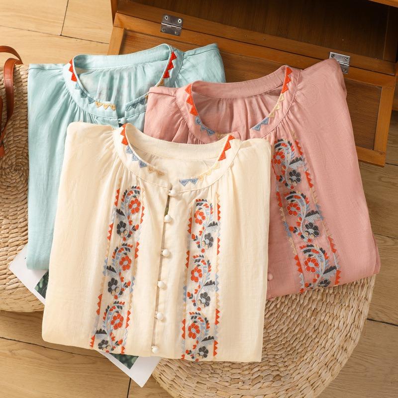 Vintage Ethnic Embroidered Long Lantern Sleeve Loose Thin Shirt For Women