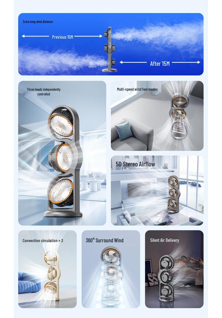 Rechargeable Tri-Head Multifunctional Outdoor & Desktop Fan