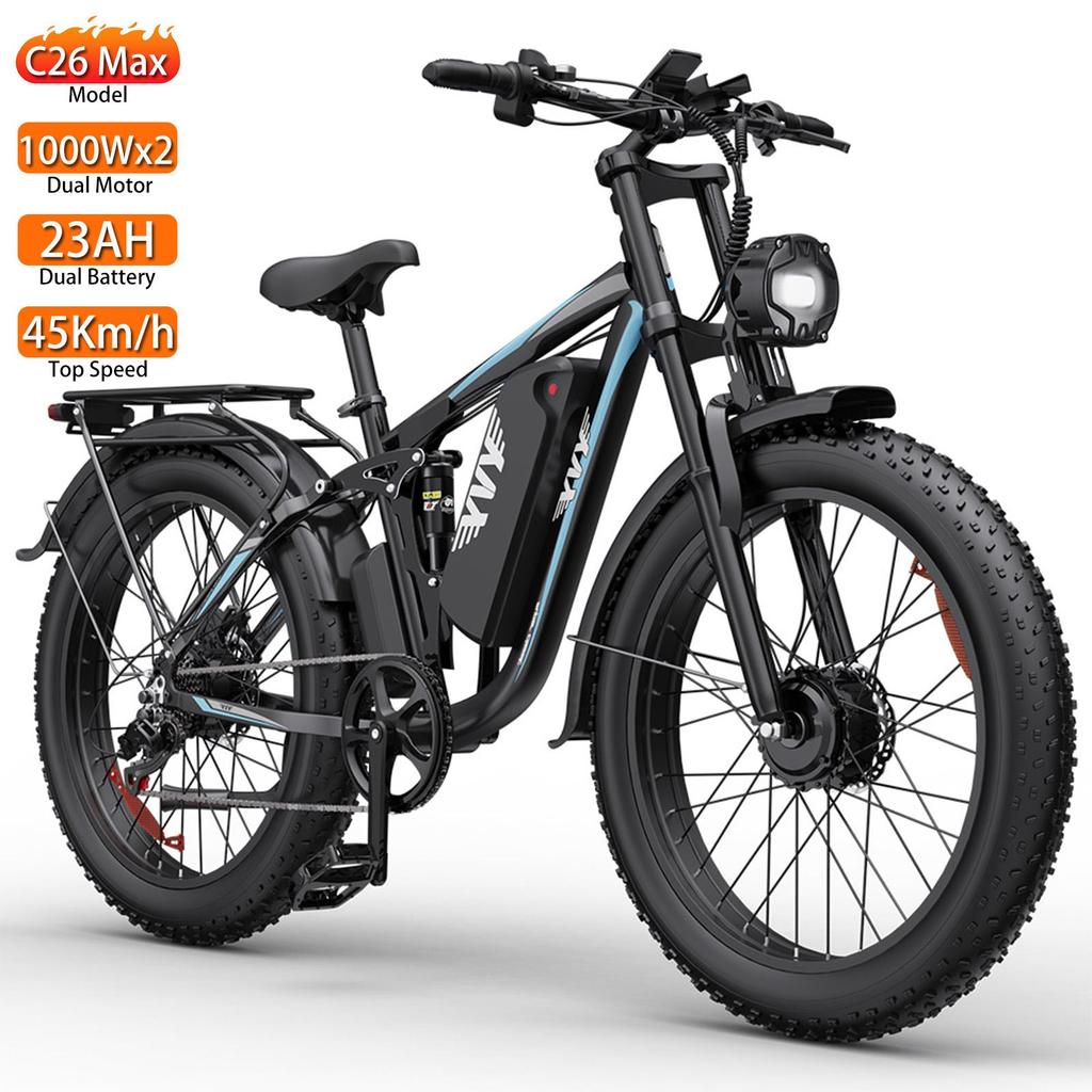 Electric Bicycle Yvy C26 Max 1000Wx2 Motor 26" Fat Tire Fully Suspended Adult Electric Bike 48V 23AH Dual Hydraulic Brake Shimano 7 Speed