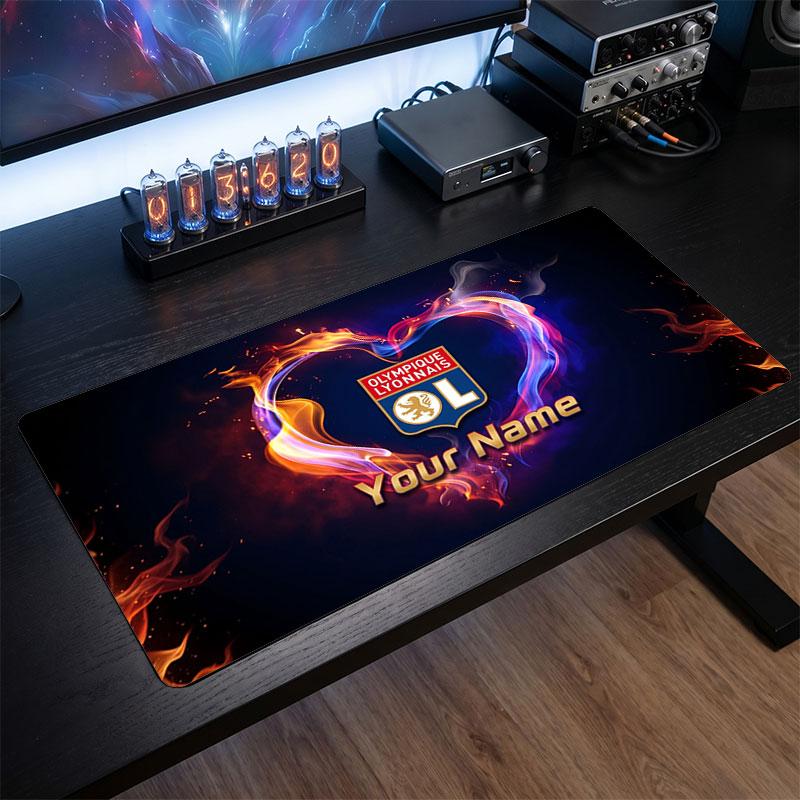 Lyon FC Custom Large Mouse Pad, Personalized Name Text Print, Football Logo Non‑Slip Desk Mat Gaming Gift