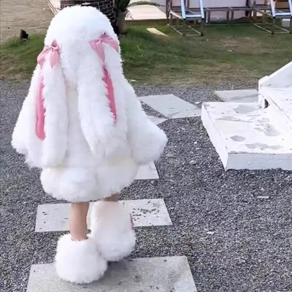 Costume da Coniglio Peluche Cartone Animato per Bambini Cosplay Kawaii Set Invernali Caldi per Bambini Top Pantaloni Cappello Tuta Outfit per Feste di Halloween Ragazza Regalo