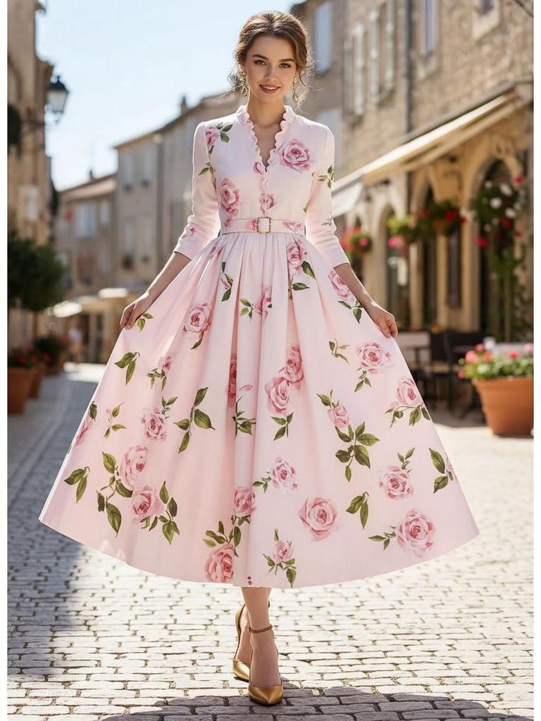 Artistic Retro V-Neck Waist-Cinching Long-Sleeve A-Line Women's Dress