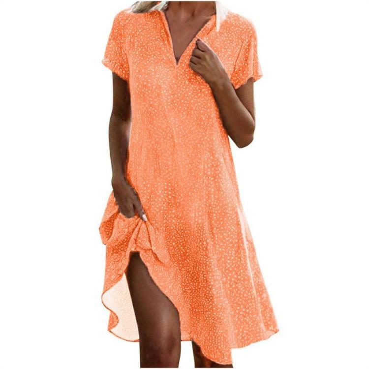 Summer Women Casual Loose Fit V Neck Short Sleeve Printed Long Dress for Outdoor Fashion