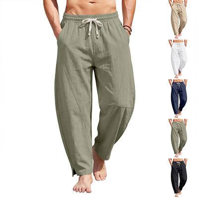 Men Casual Loose Fit Drawstring Waistband Lightweight Breathable Cotton Linen Blend Jogger Pants with Side Pockets and Ankle Slits