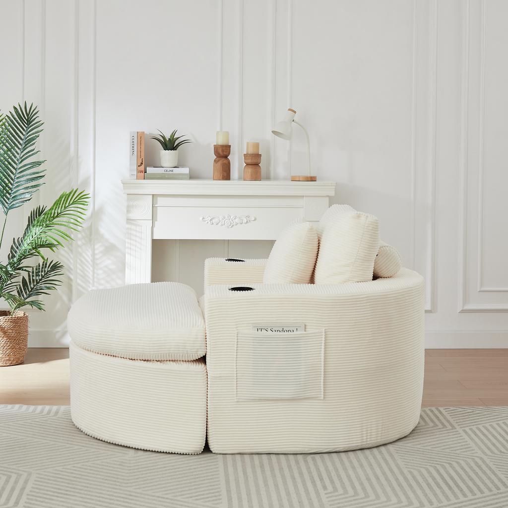 Extra Large, Round Lounge Sofa, Frameless Armchair (with Footstool), with Storage Compartment and Cup Holder, Double-Layer Upholstery Design