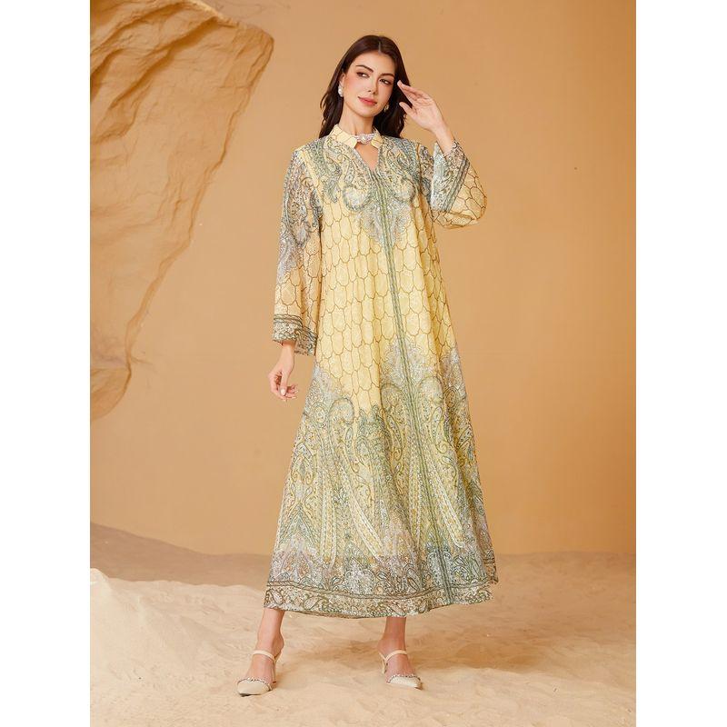 

Middle East Women s Robe Embroidered Printed Rhinestones Female Dress Plus Size Dubai Dress plus-Size Dress Light yellow 2XL