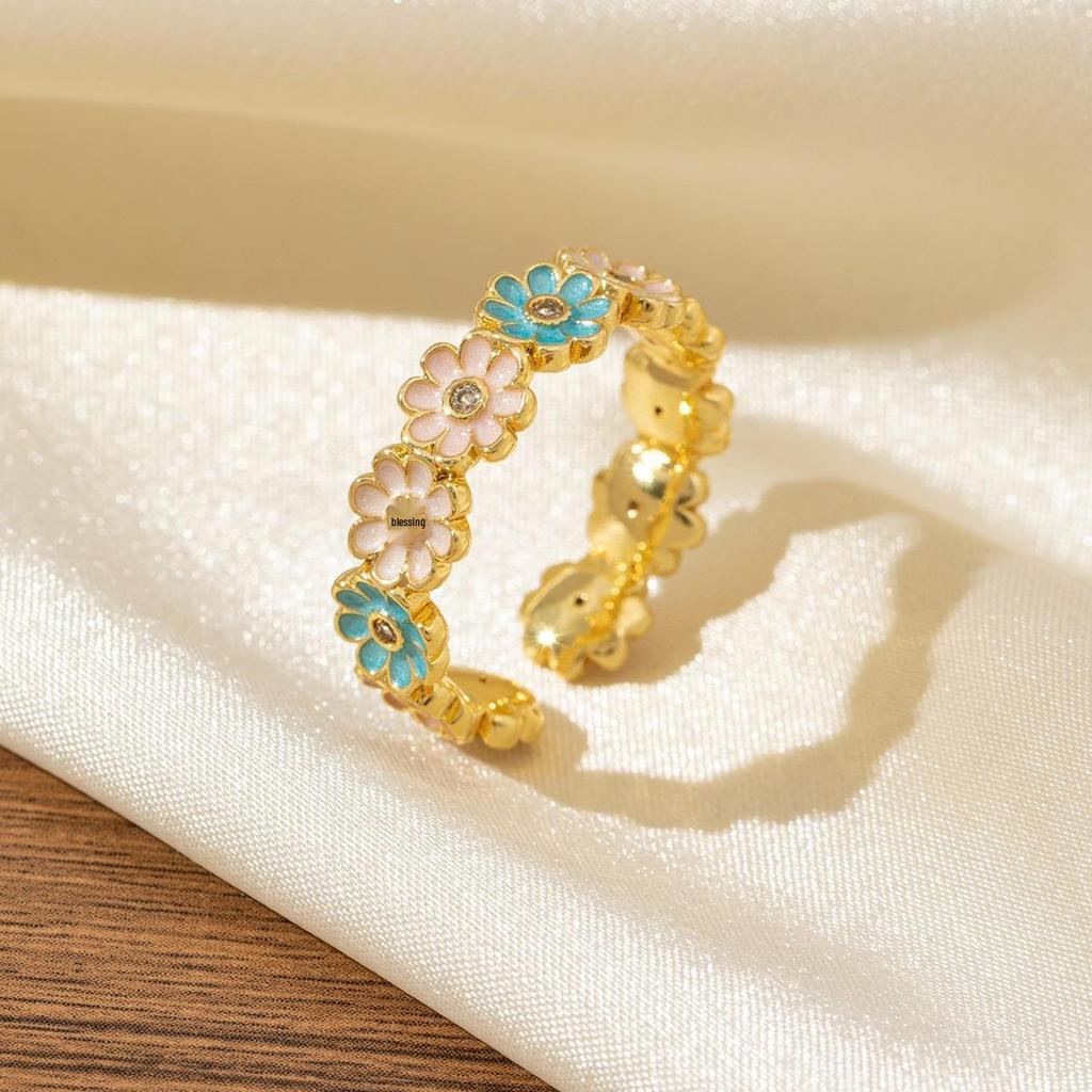 Enamel and Diamond Tulip Adjustable Gemstone Ring for Women - Durable, Non-Fading, High-End Exquisite Design
