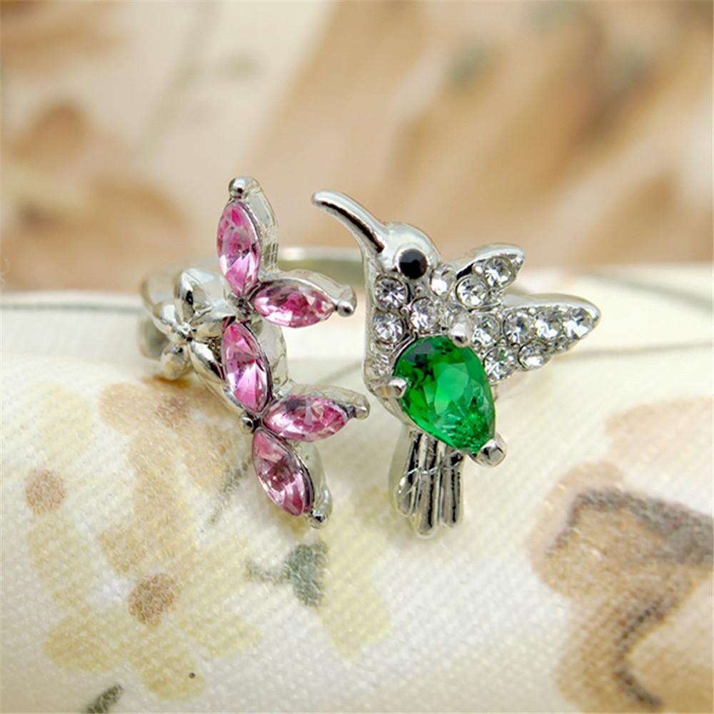Cute Female Small Pink Green Stone Bird Open Adjustable Ring Vintage Silver Color Wedding Jewelry For Women