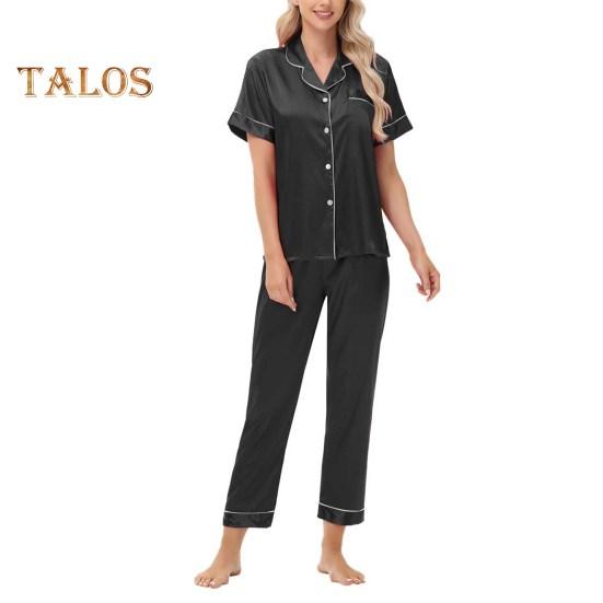 2-teiliges Pyjama-Set aus Satin, einreihig, Eisseide, Übergröße, Strickjacke, V-Ausschnitt, Reverskragen, einfarbiges Hemd, weites Bein, lockere Hose, Nachthemd