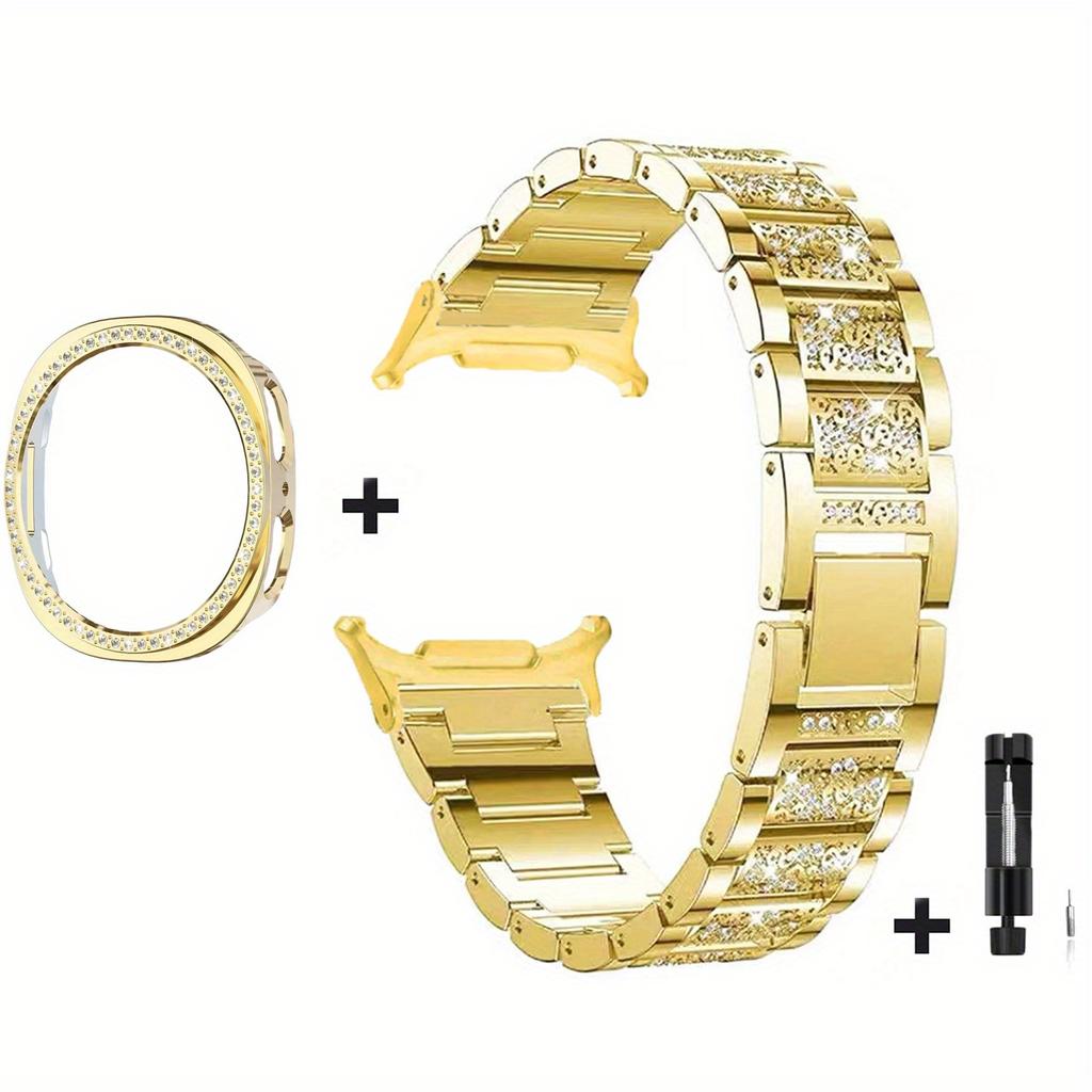 Rhinestone Bling Metal Watch Band + PC Protective Case For Samsung Galaxy Watch 8 44mm 40mm Business Watch Band