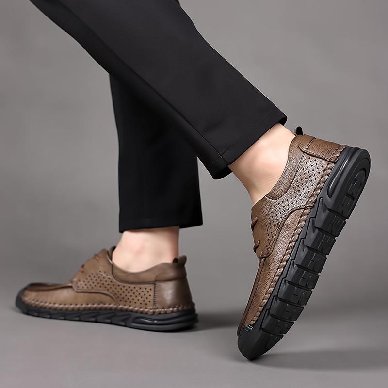 Men Split Leather Business Casual Shoes Summer Punching Leather Comfortable Driving Flats Mens Outdoor Hollow Out Oxfords Shoes