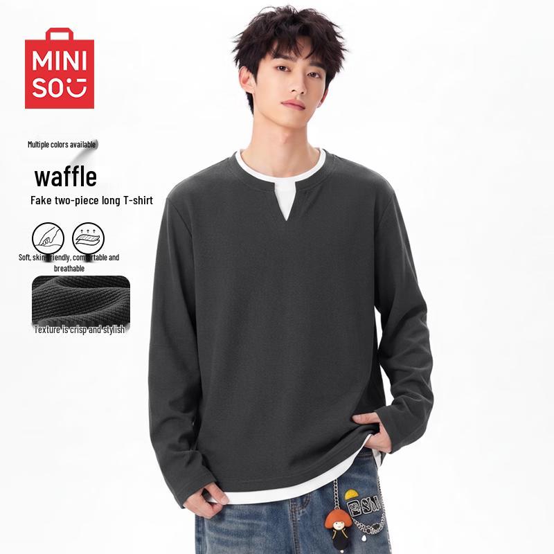 MINISO Men's Waffle Knit Faux Two-Piece Long Sleeve T-Shirt