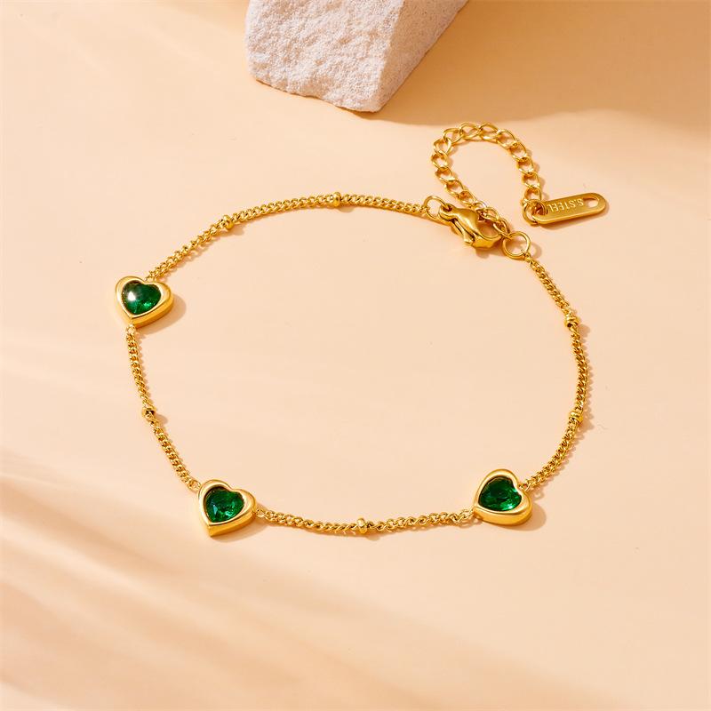 18K Gold Plated Green Heart Charm Bracelet, Dainty Emerald CZ Link Bracelet for Women, Elegant Jewelry