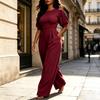 Women's Plus Size Color Jumpsuit, High Waist Round Neck, Slim Fit Top with Loose Wide Leg, Casual Everyday Wear
