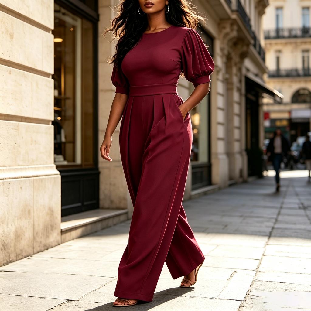 Women's Plus Size Color Jumpsuit, High Waist Round Neck, Slim Fit Top with Loose Wide Leg, Casual Everyday Wear